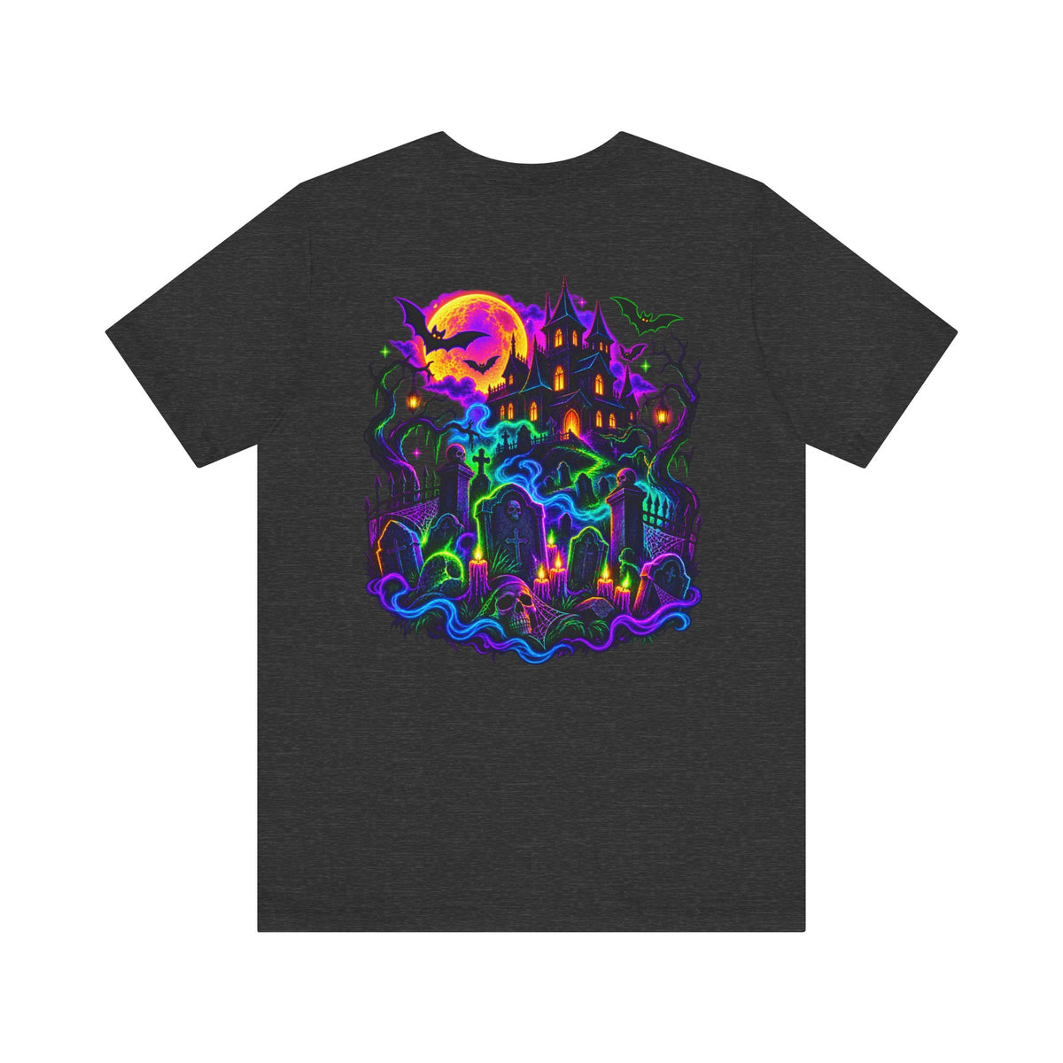 Stay Spooky Halloween Tee — Neon Grim Reaper & Haunted Castle Graphic T-Shirt