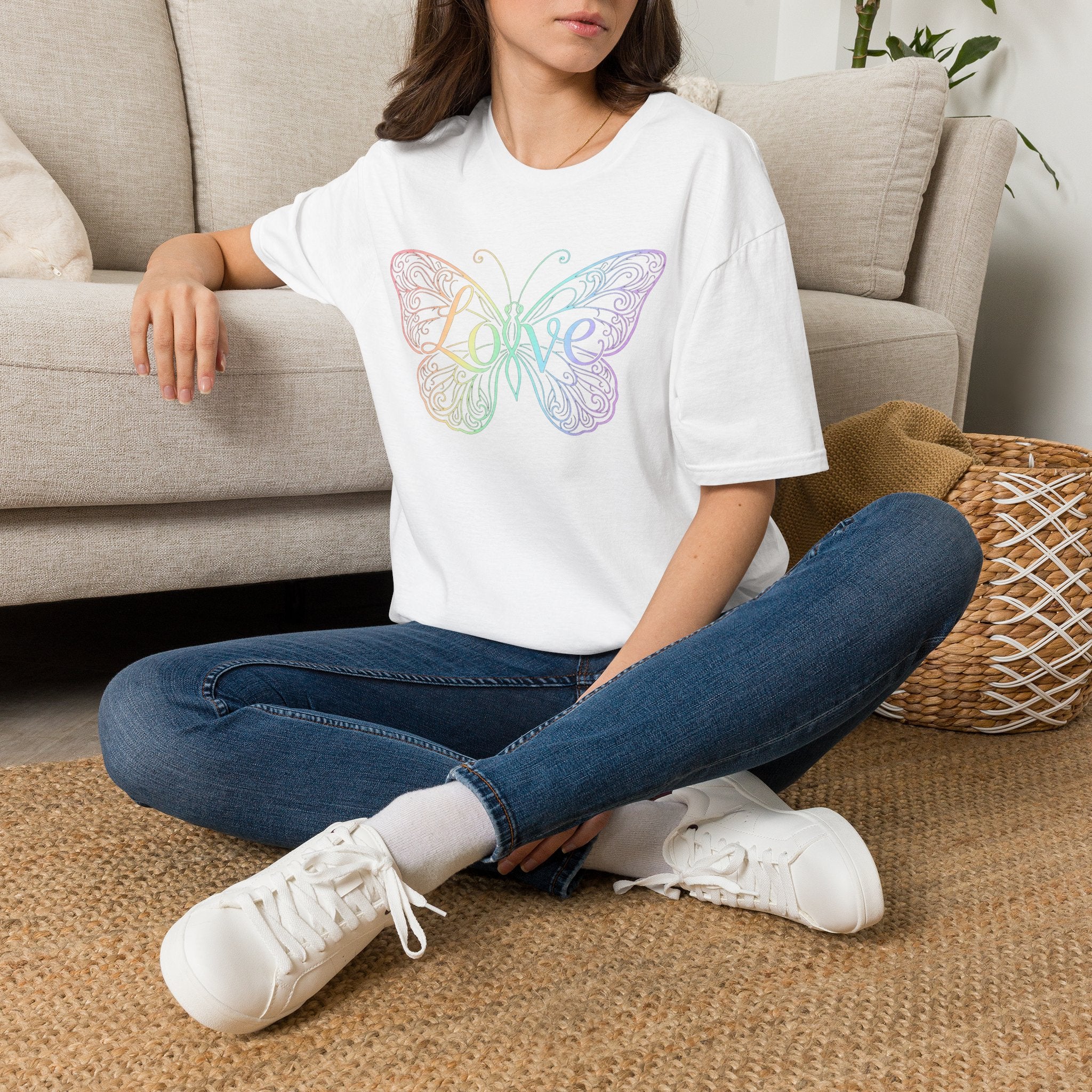 Butterfly "Love" T-Shirt — Pastel Rainbow Filigree Design