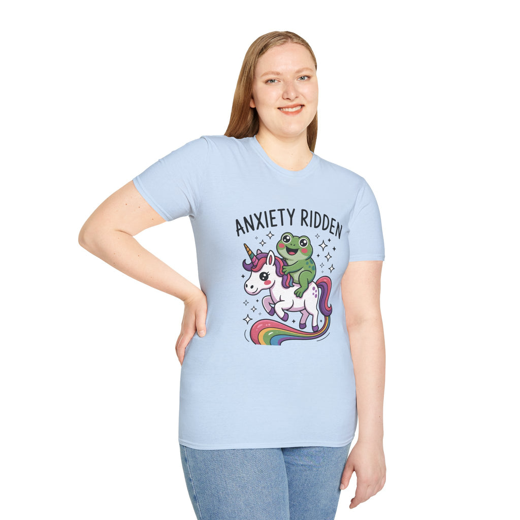 Anxiety Ridden Frog on Unicorn T-Shirt — Cute Mental Health Awareness Graphic Tee