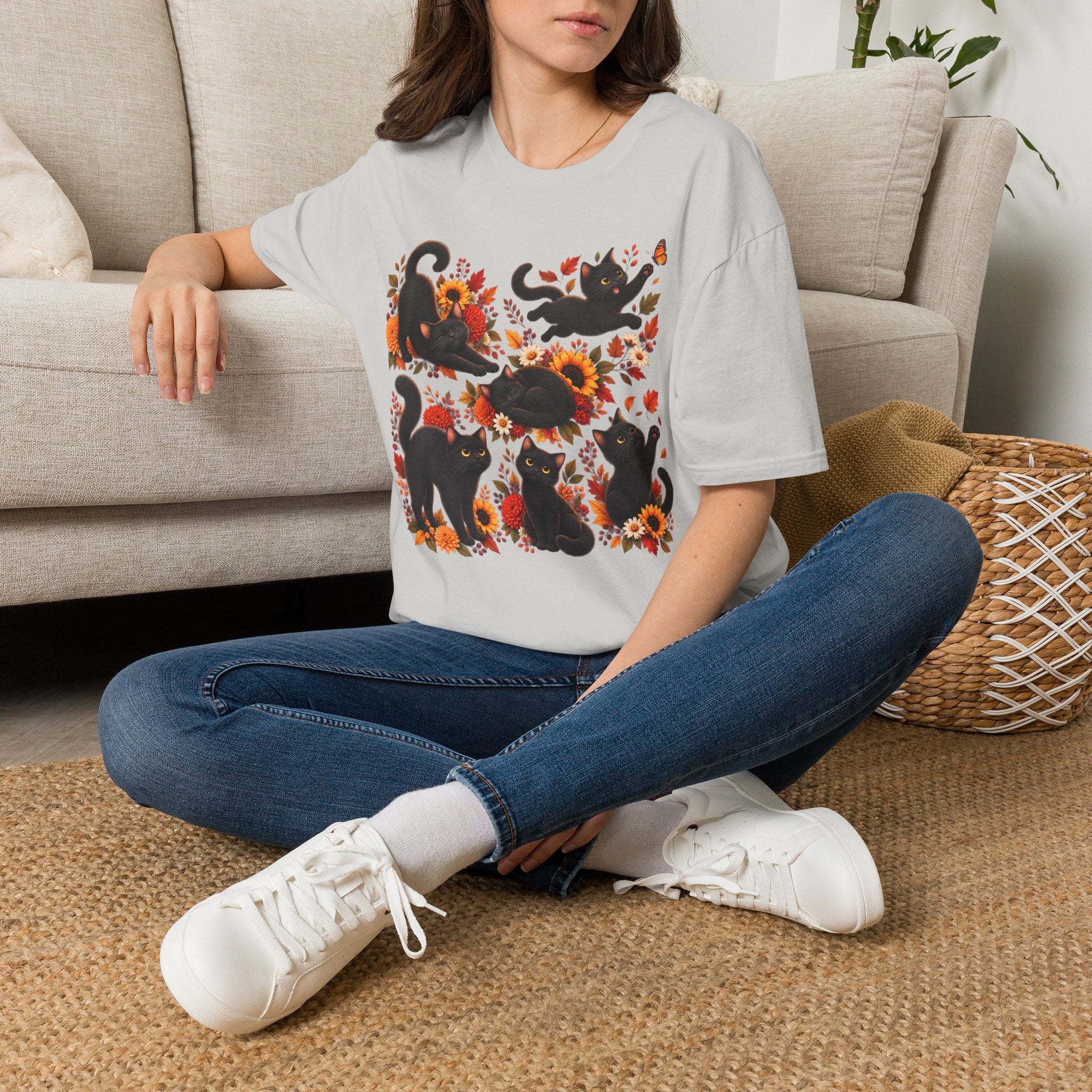 Black Cats & Sunflowers T-Shirt — Autumn Floral Cat Tee
