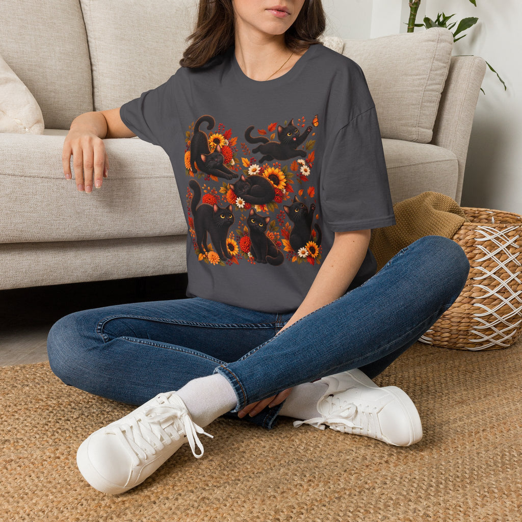 Black Cats & Sunflowers T-Shirt — Autumn Floral Cat Tee