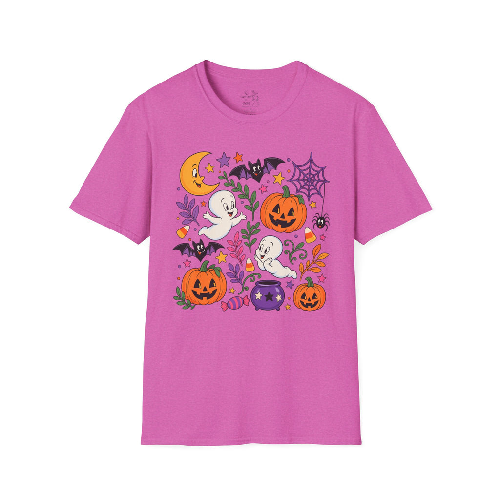 Cute Halloween T-Shirt — Friendly Ghosts, Pumpkins & Bats Graphic