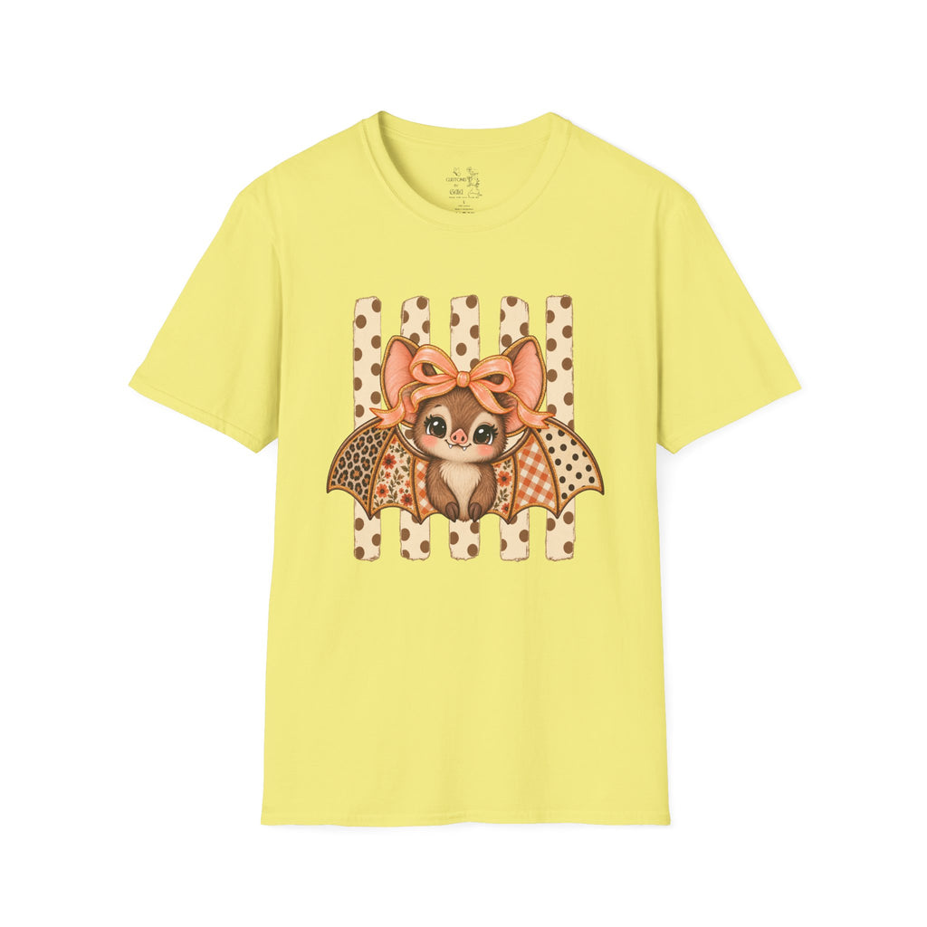 Cute Bat Tee — Adorable Bat with Bow Graphic T-Shirt (Leopard Striped Background)