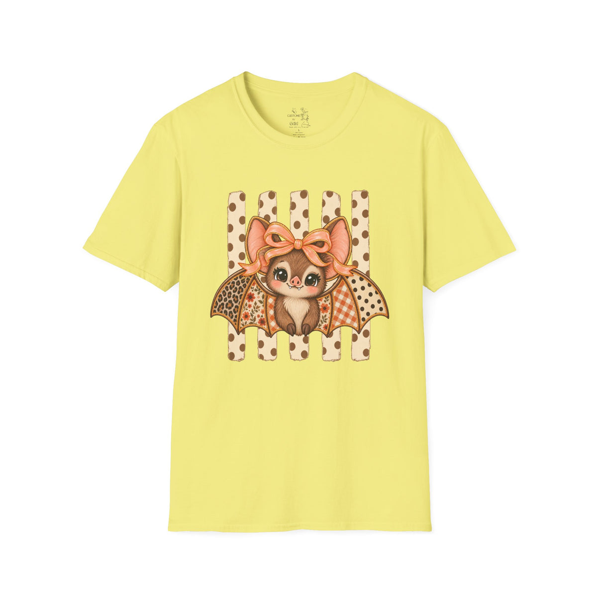 Cute Bat Tee — Adorable Bat with Bow Graphic T-Shirt (Leopard Striped Background)