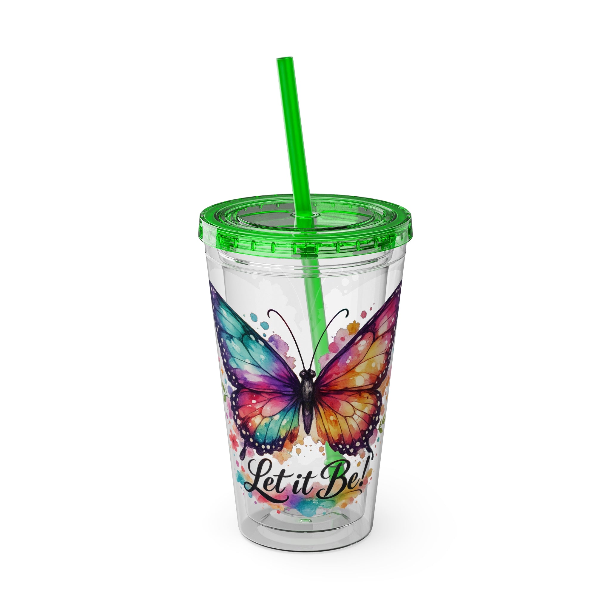 Butterfly 'Let It Be' 16oz Tumbler with Straw — Colorful Floral Summer Drink Cup