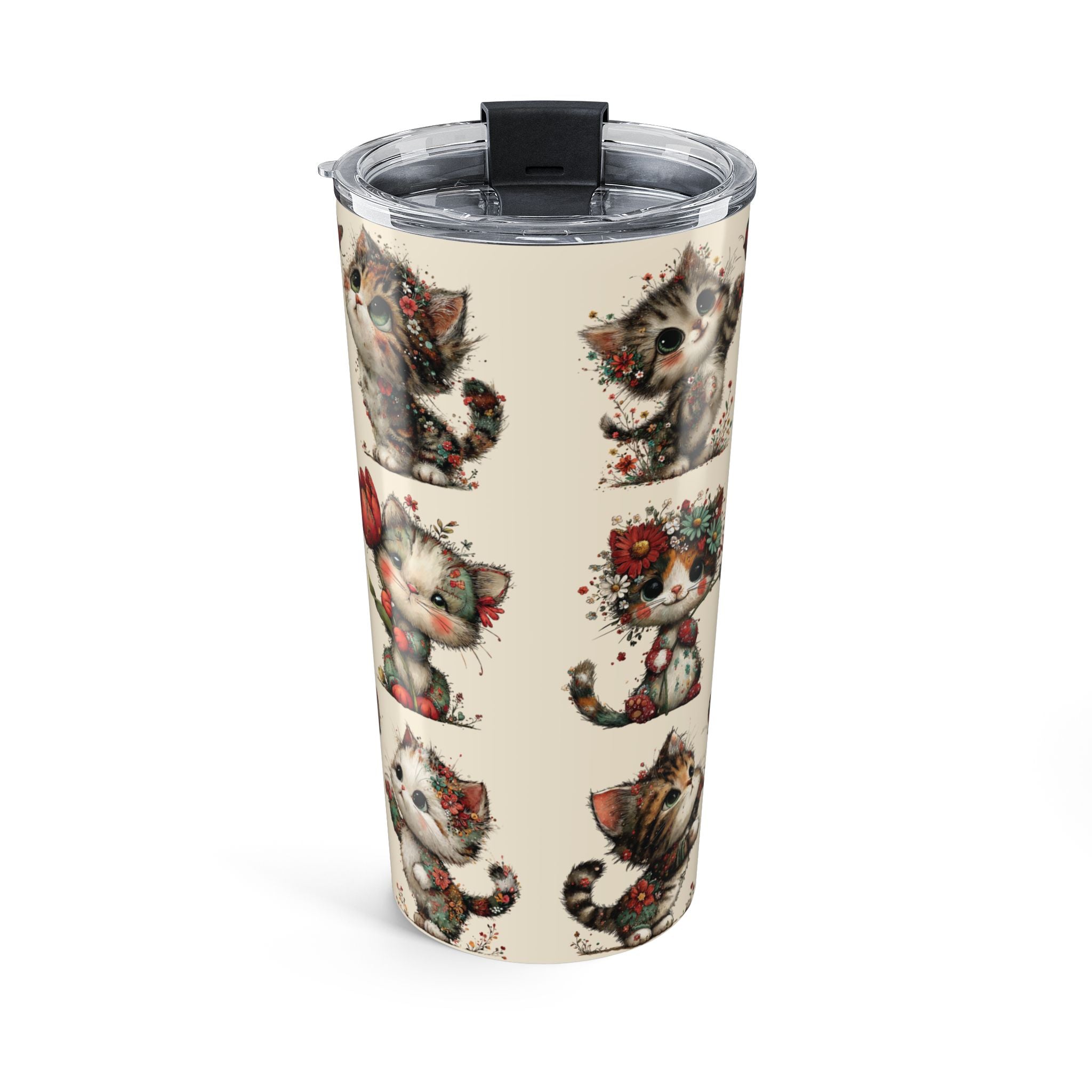 Copy of 20oz Whimsical Cat Floral Tumbler — Cute Vintage Kittens Travel Cup - Beige