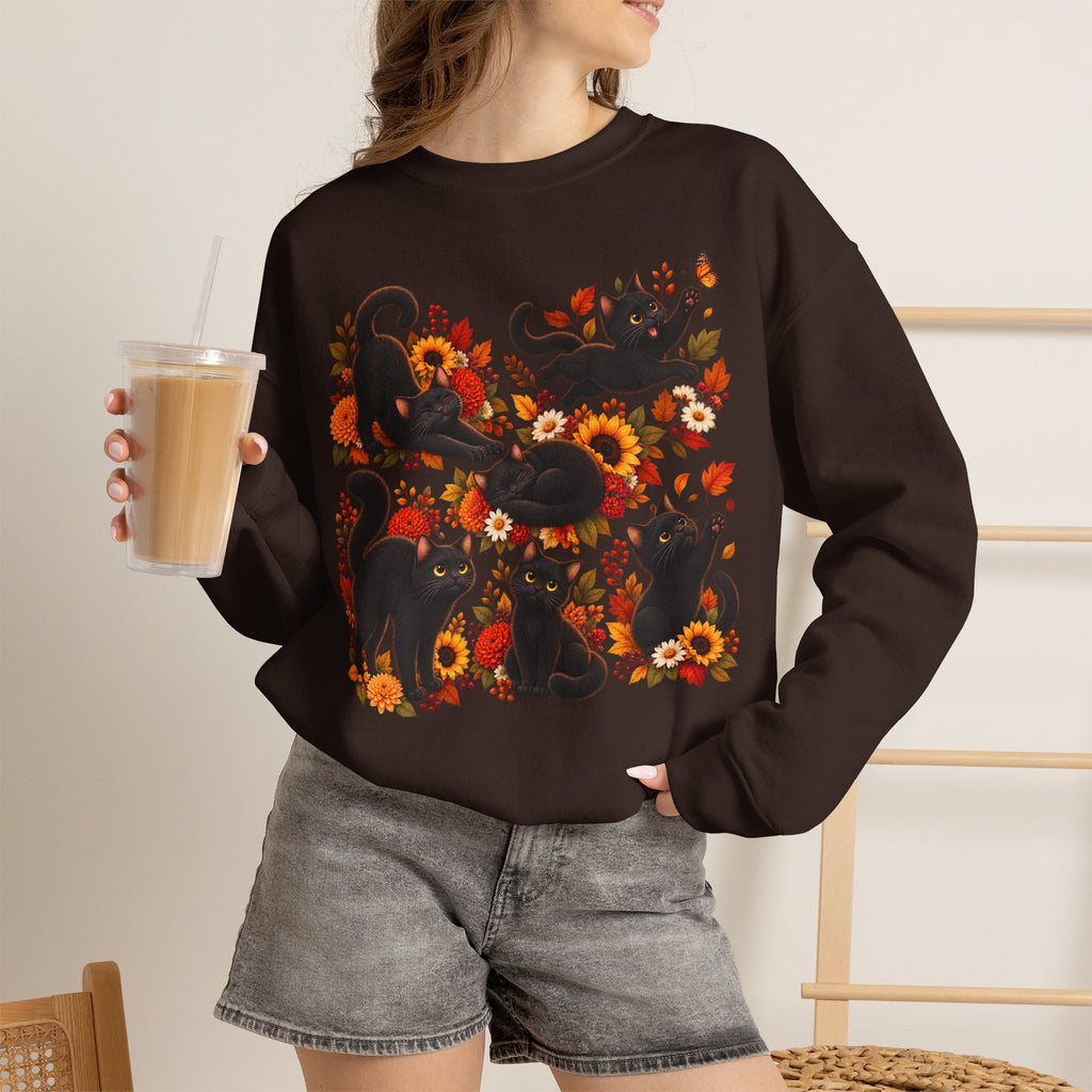 Autumn Black Cats Crewneck Sweatshirt — Fall Floral Halloween Cat Design