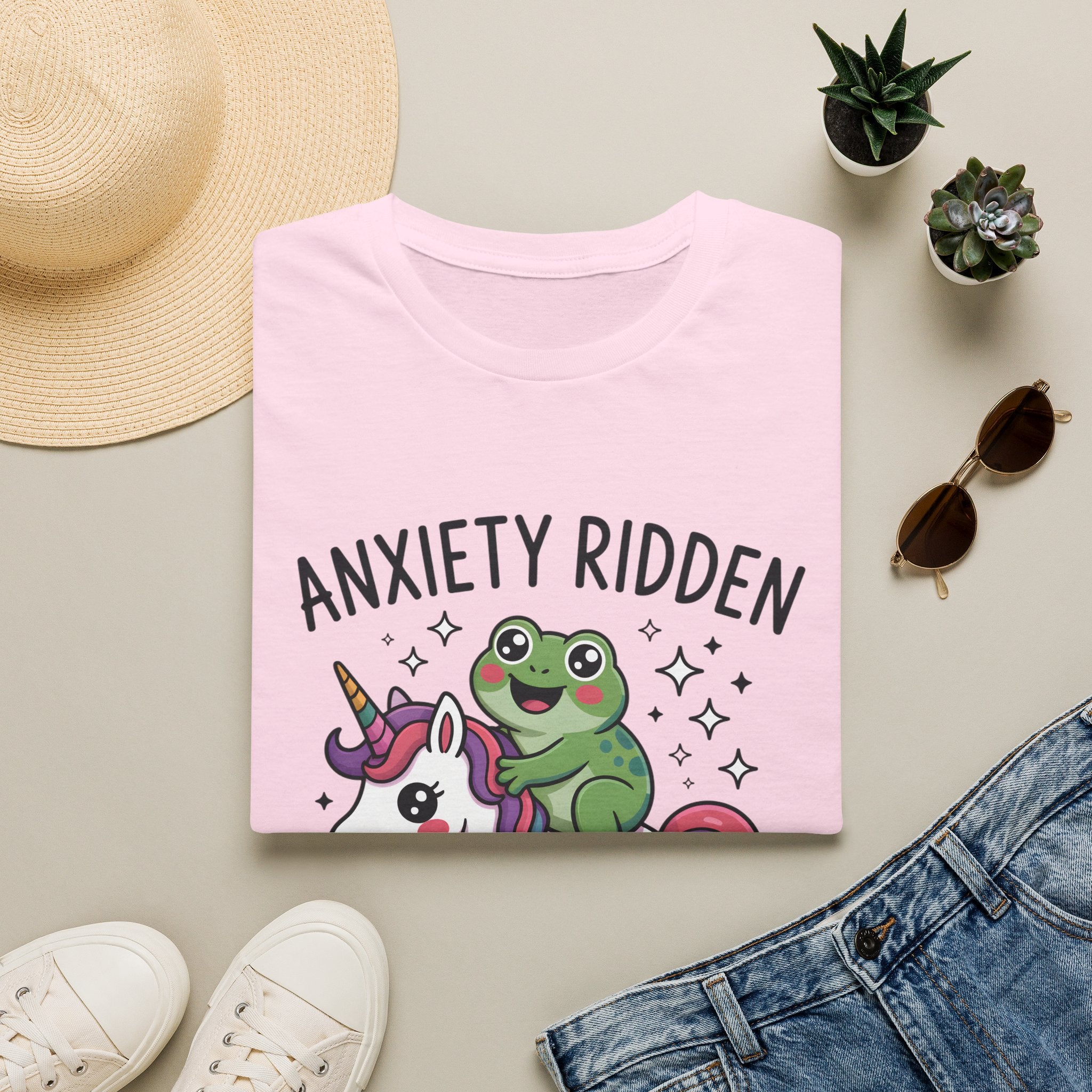 Anxiety Ridden Frog on Unicorn T-Shirt — Cute Mental Health Awareness Graphic Tee