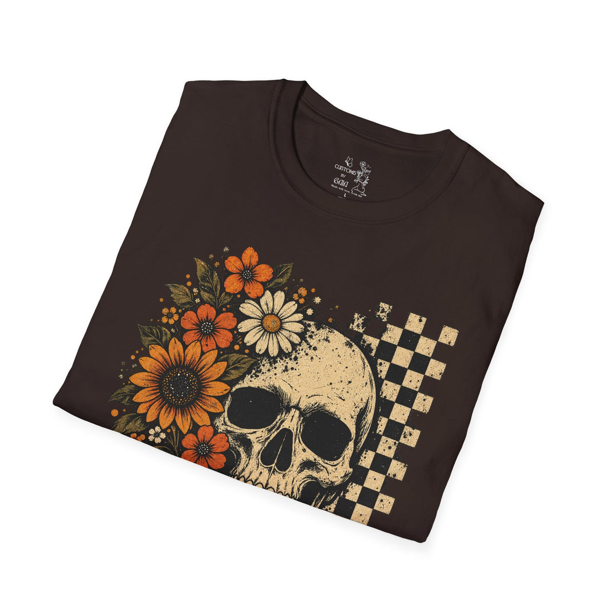 Floral Skull T-Shirt – Gothic Sunflower Checkerboard Design