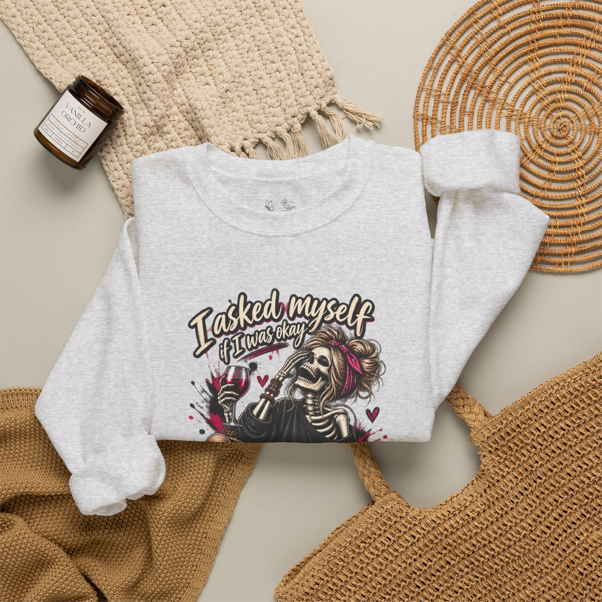 Crewneck Sweatshirt — 'I Asked Myself If I Was Crazy & Then We Started Laughing' Skeleton Graphic
