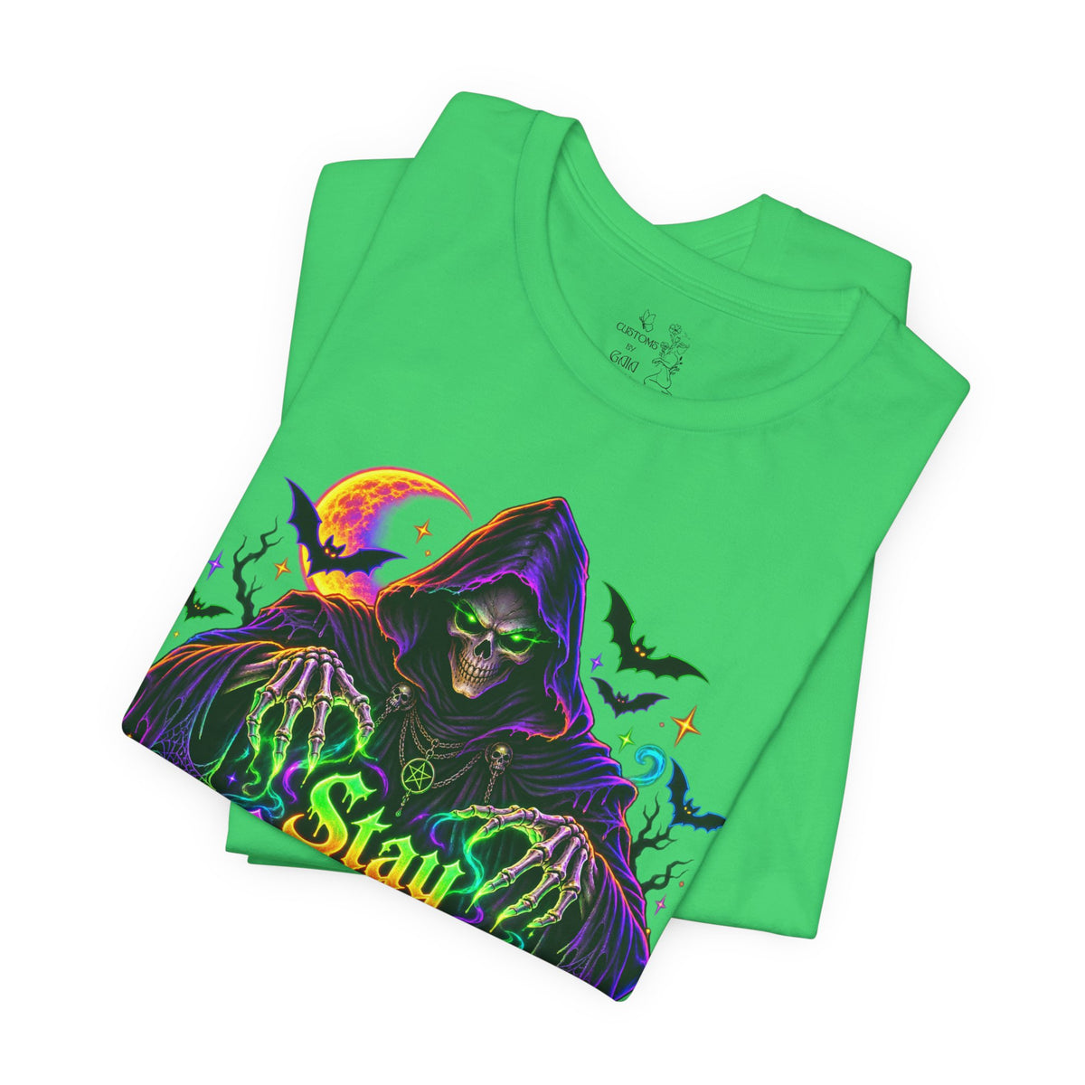 Stay Spooky Halloween Tee — Neon Grim Reaper & Haunted Castle Graphic T-Shirt