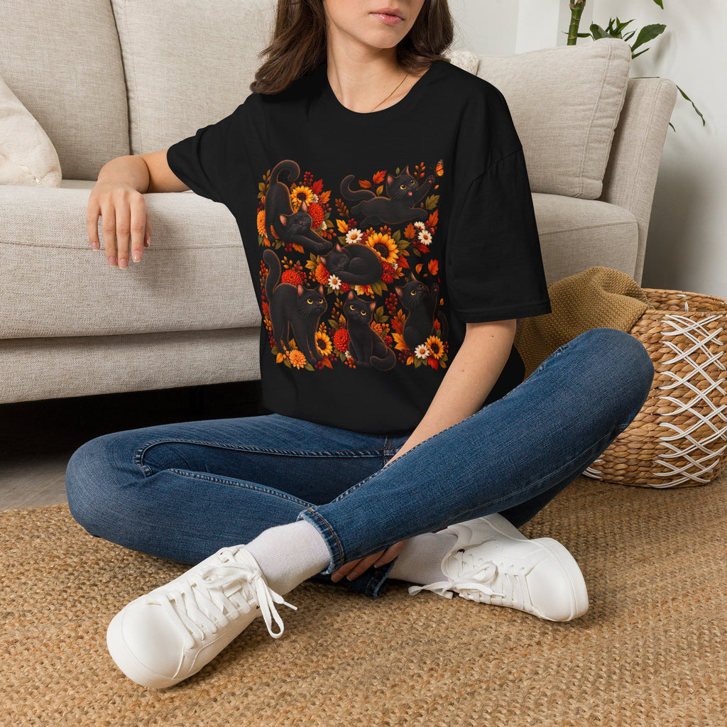 Black Cats & Sunflowers T-Shirt — Autumn Floral Cat Tee