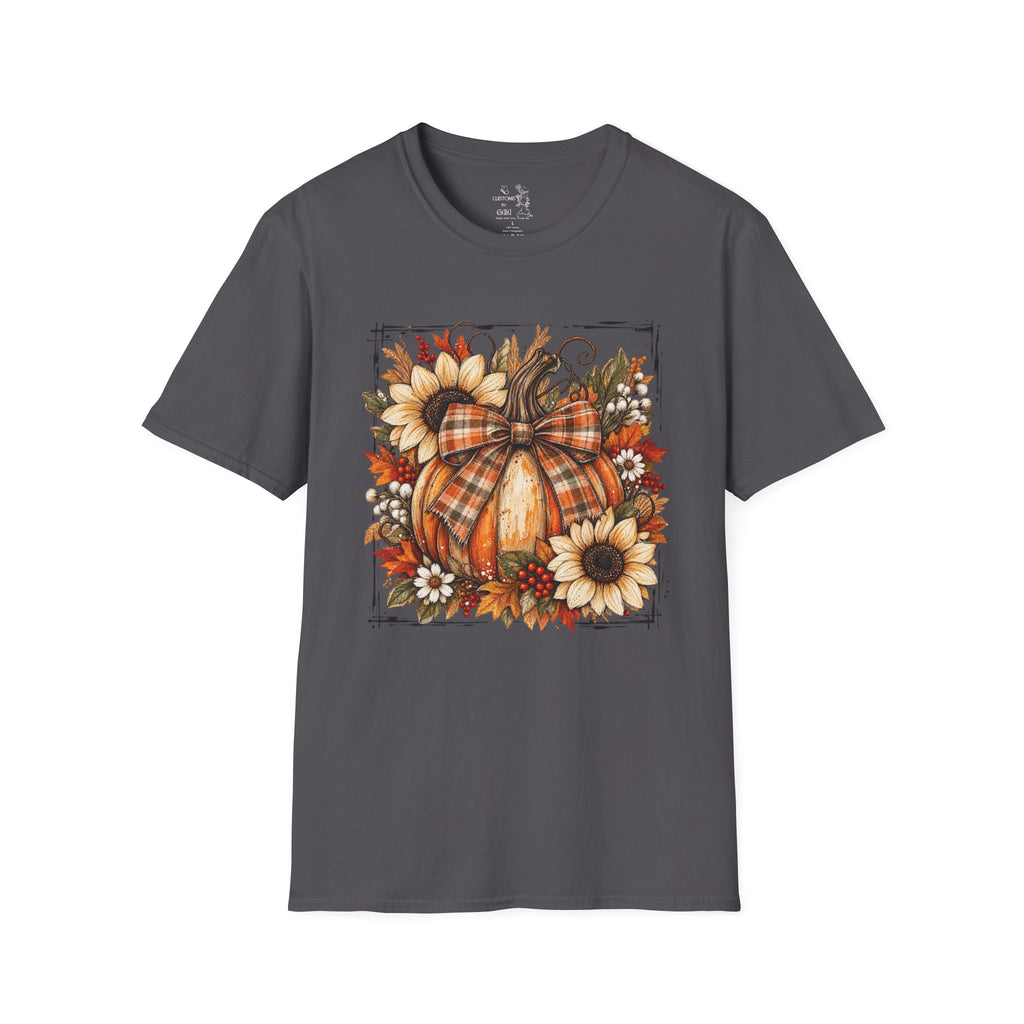Pumpkin & Sunflower Fall T-Shirt — Plaid Pumpkin Autumn Graphic Tee