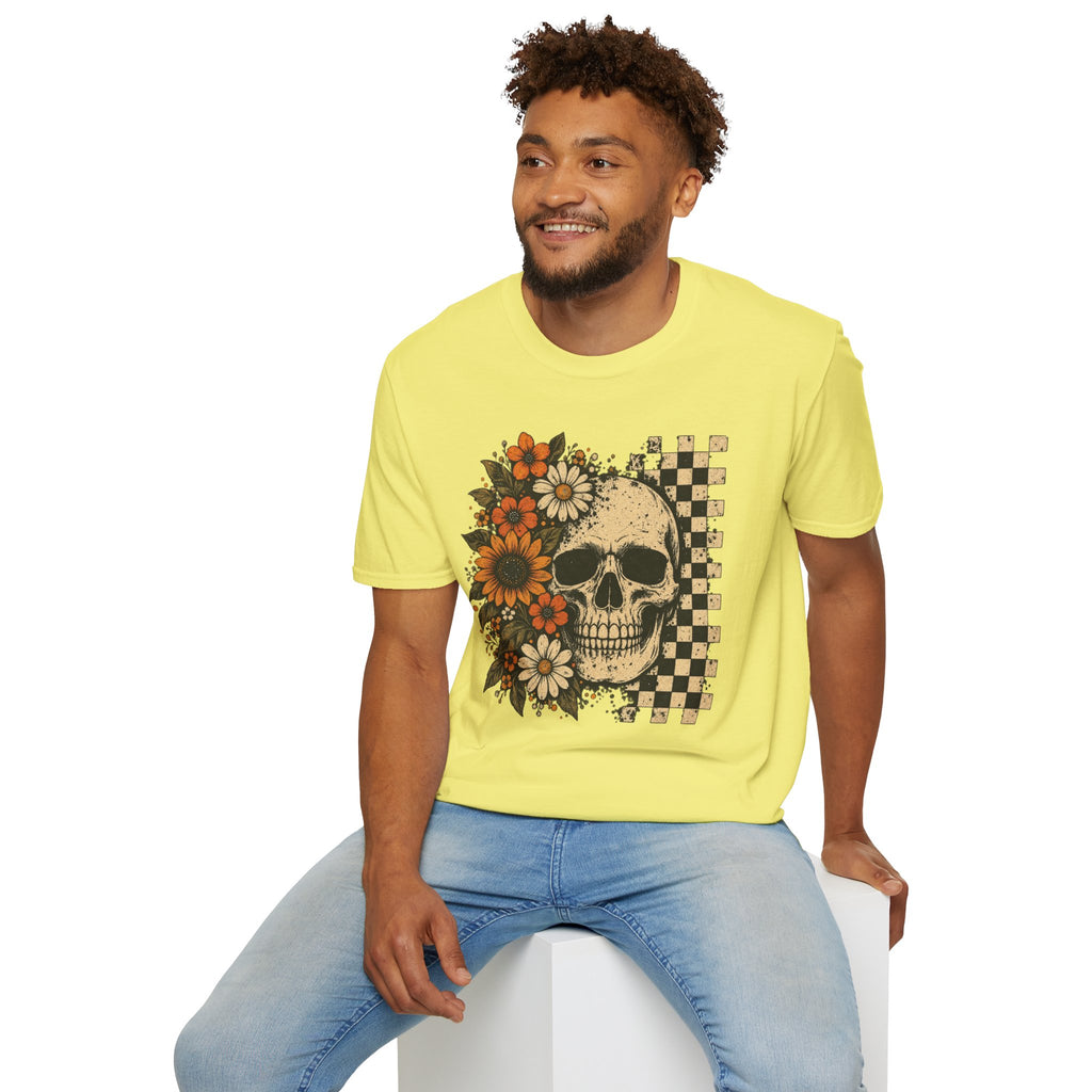 Floral Skull T-Shirt – Gothic Sunflower Checkerboard Design