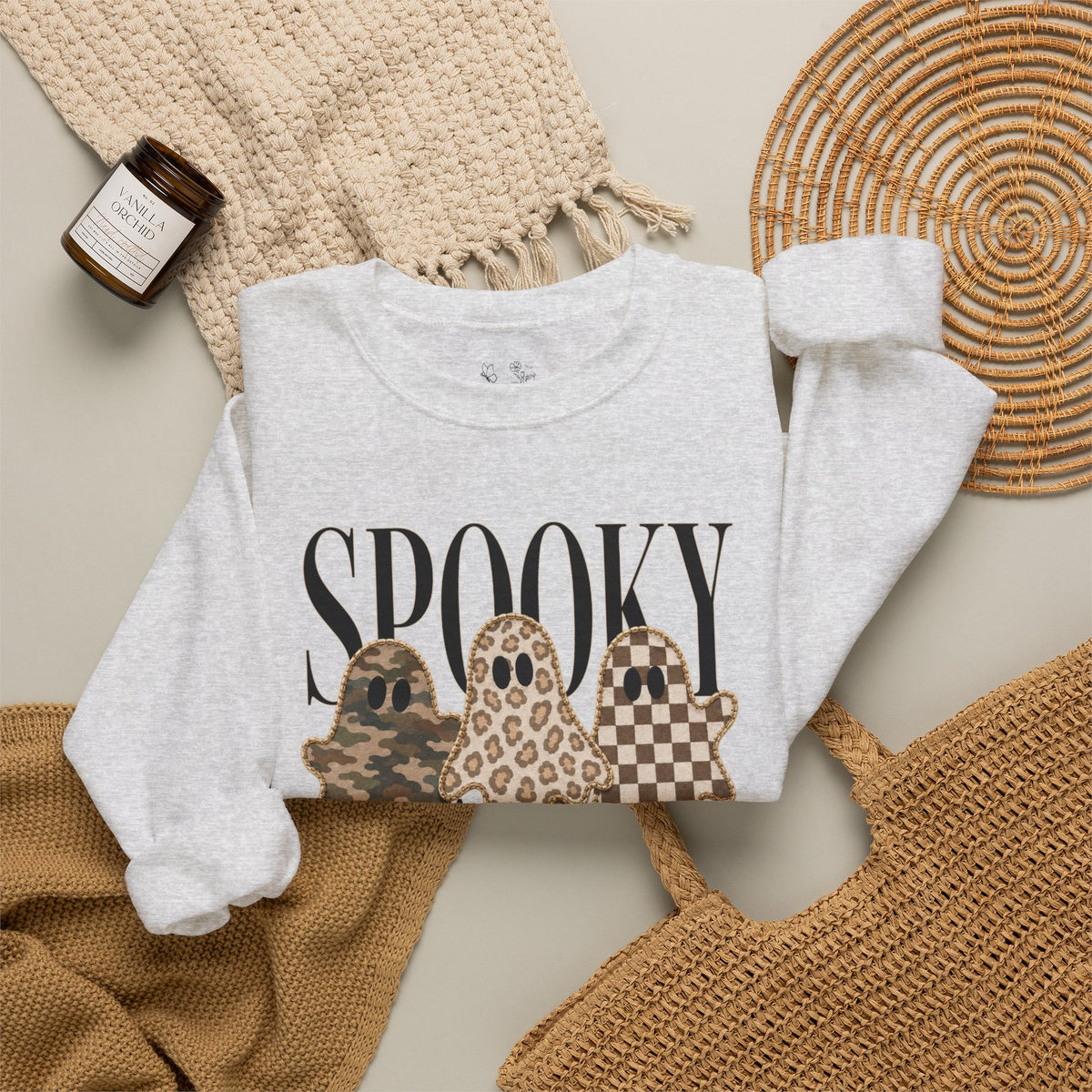 Spooky Season Ghosts Sweatshirt — Neutral Plaid & Camo Halloween Crewneck