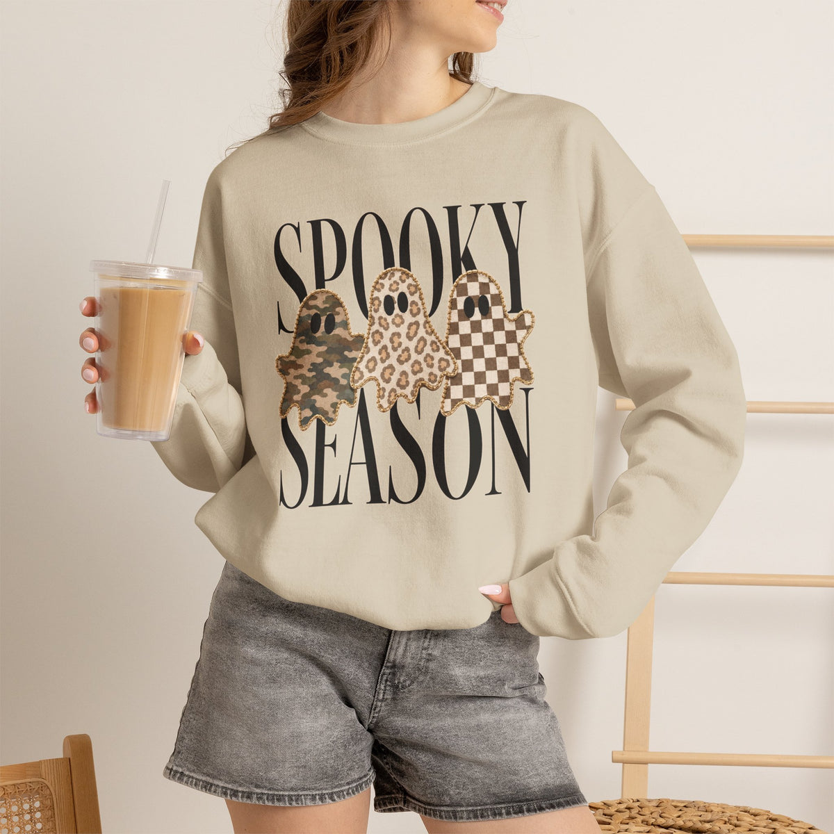 Spooky Season Ghosts Sweatshirt — Neutral Plaid & Camo Halloween Crewneck