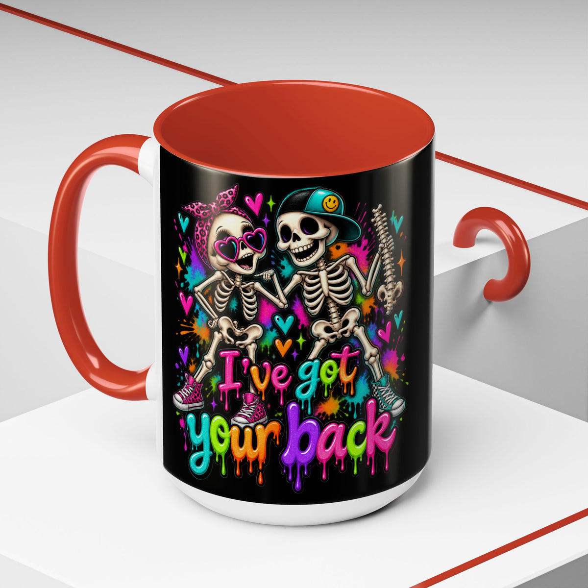 "I’ve Got Your Back" Skeleton Coffee Mug — Colorful Gothic Accent 11/15oz