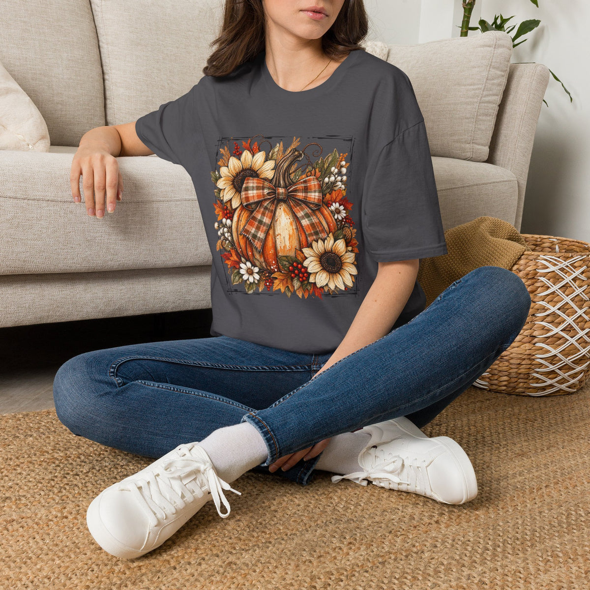 Pumpkin & Sunflower Fall T-Shirt — Plaid Pumpkin Autumn Graphic Tee