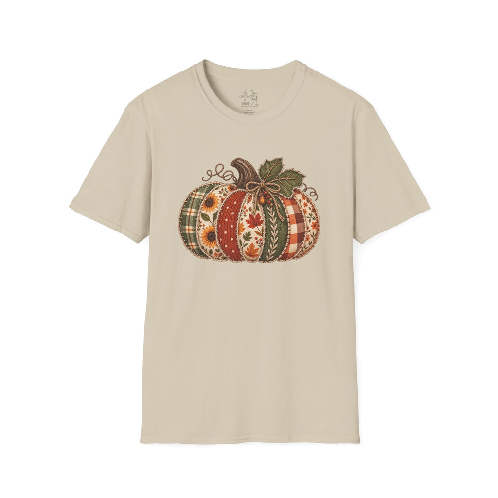 Fall Patchwork Pumpkin T-Shirt — Plaid & Floral Autumn Tee