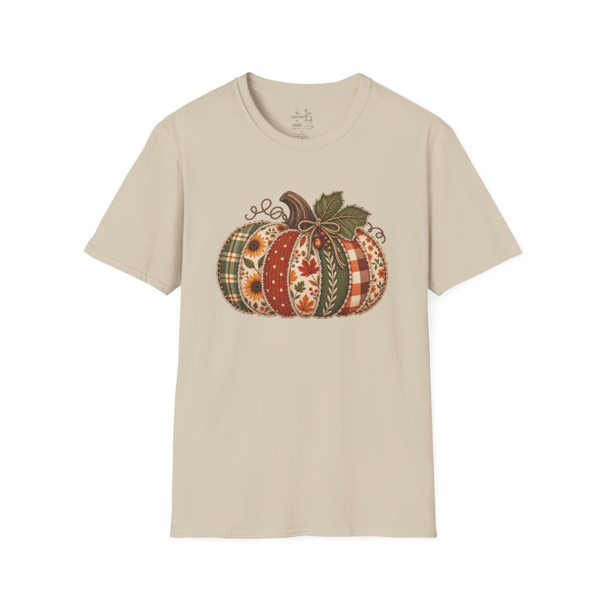 Fall Patchwork Pumpkin T-Shirt — Plaid & Floral Autumn Tee