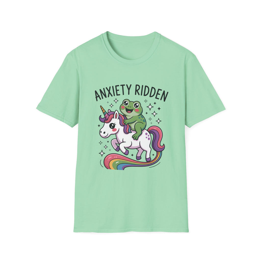 Anxiety Ridden Frog on Unicorn T-Shirt — Cute Mental Health Awareness Graphic Tee