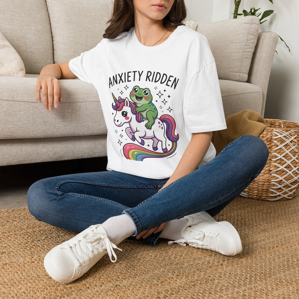 Anxiety Ridden Frog on Unicorn T-Shirt — Cute Mental Health Awareness Graphic Tee