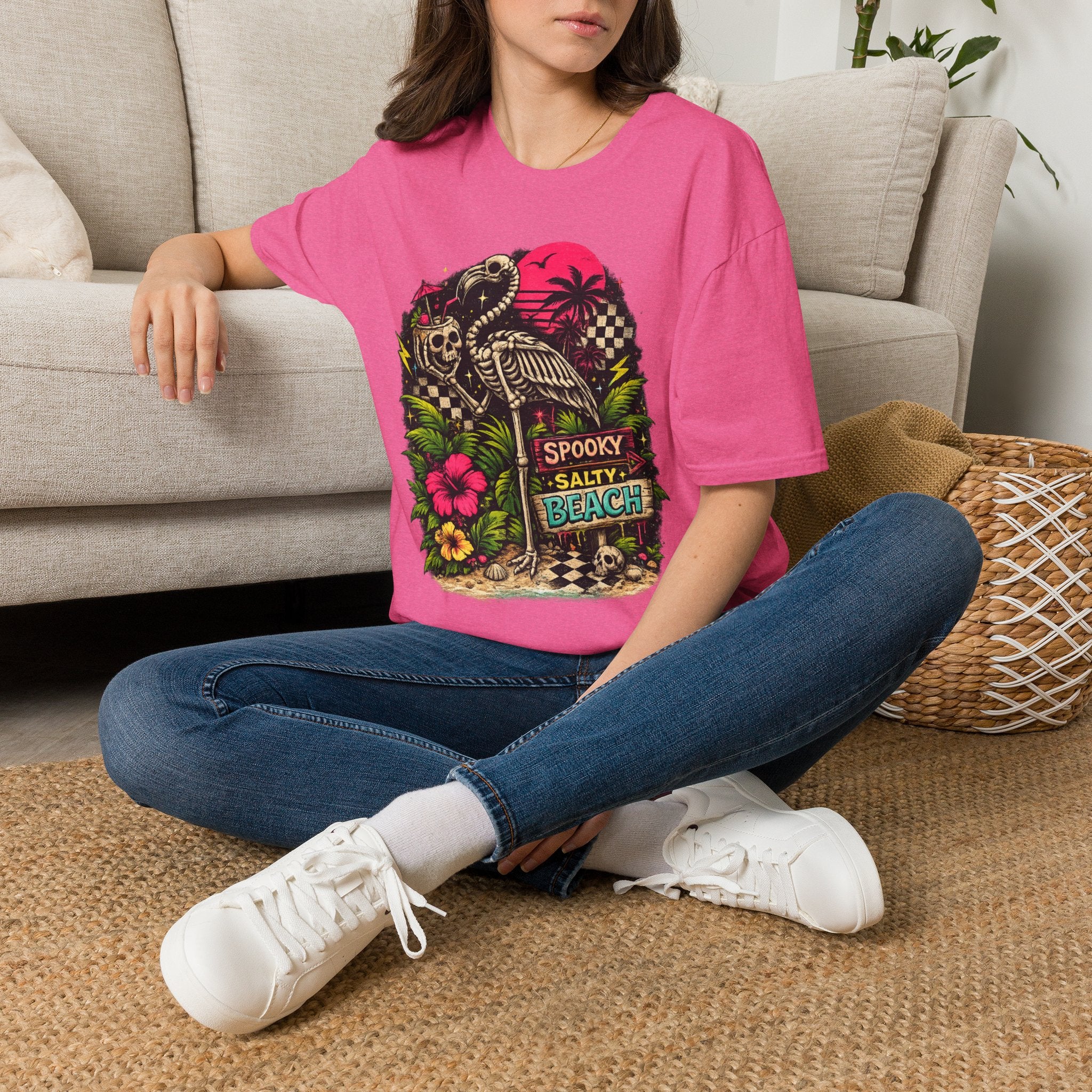 Spooky Salty Beach T-Shirt — Retro Skeleton Pelican Sunset Tee