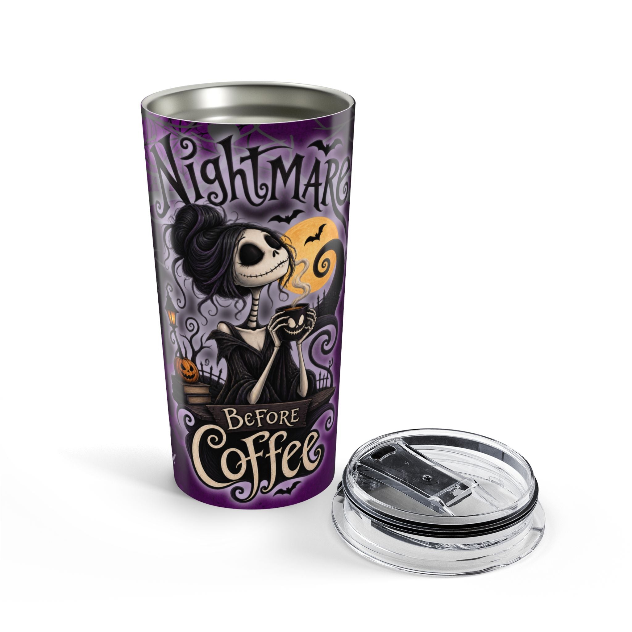 20oz Tumbler — "Nightmare Before Coffee" Halloween Skull Travel Mug