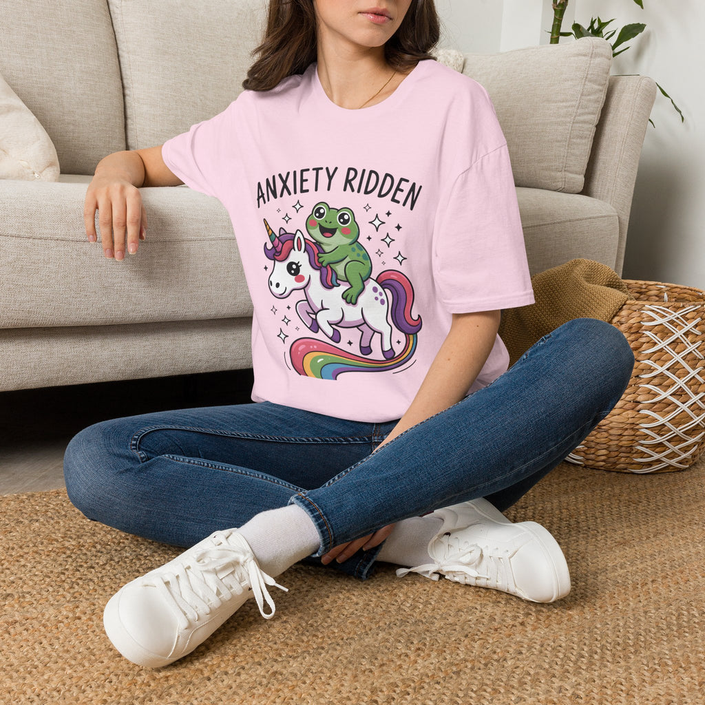 Anxiety Ridden Frog on Unicorn T-Shirt — Cute Mental Health Awareness Graphic Tee
