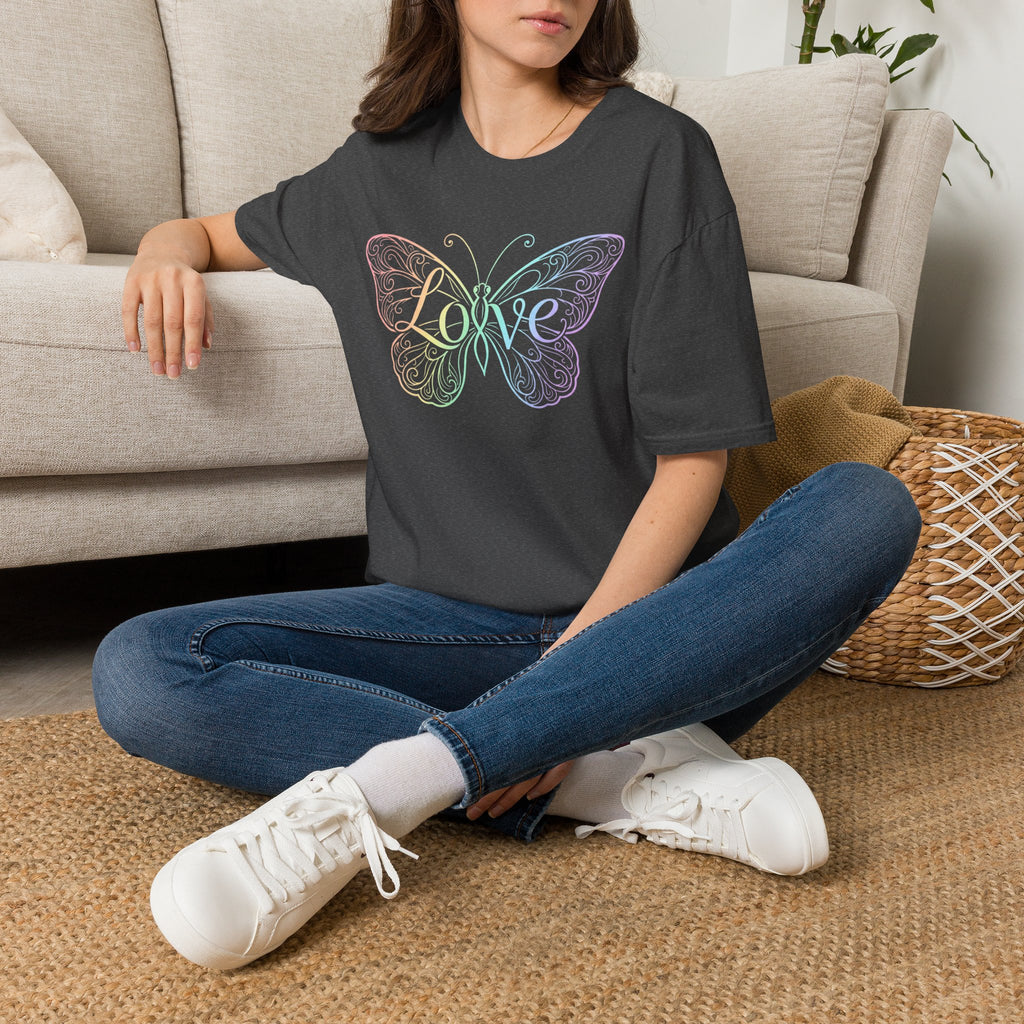 Butterfly "Love" T-Shirt — Pastel Rainbow Filigree Design