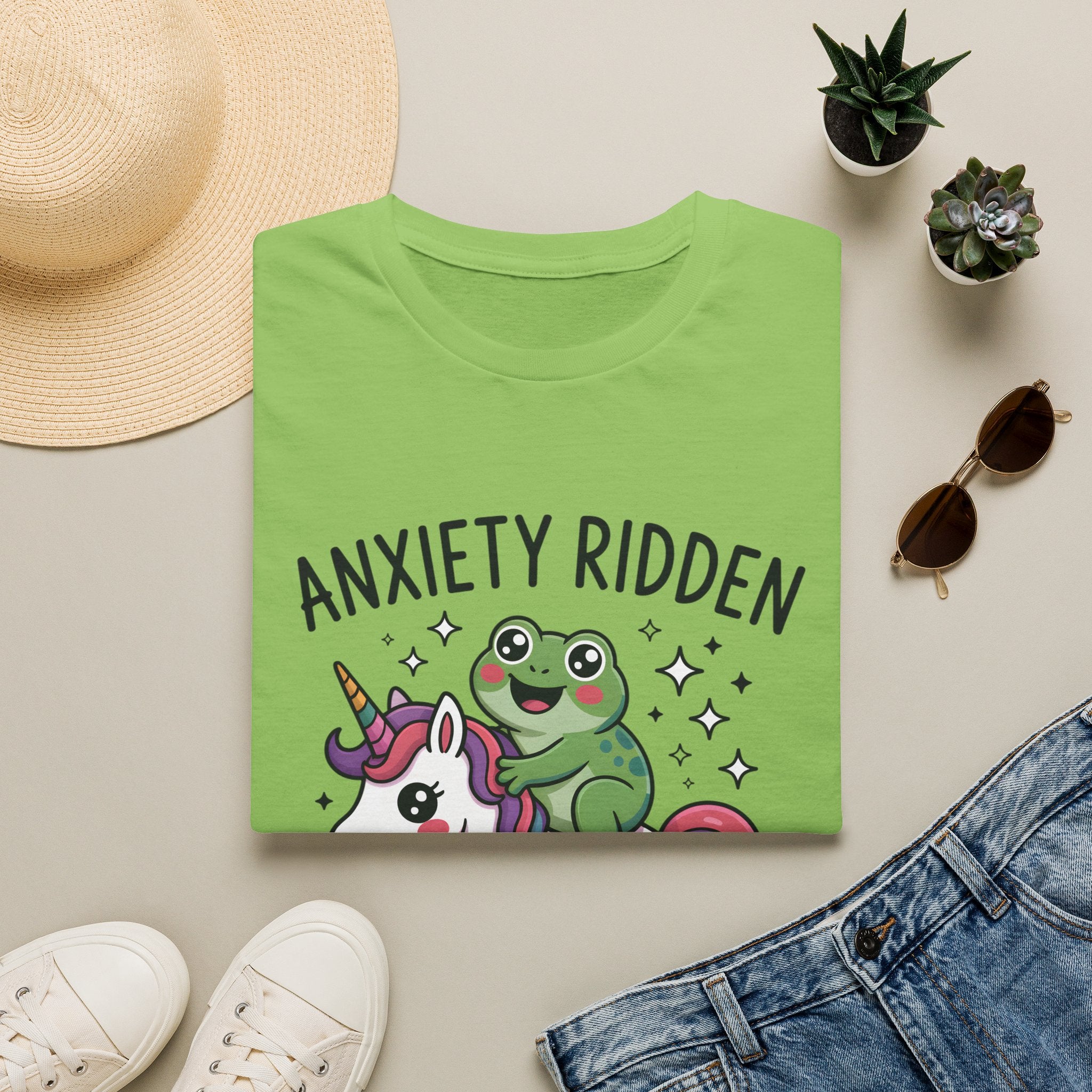 Anxiety Ridden Frog on Unicorn T-Shirt — Cute Mental Health Awareness Graphic Tee