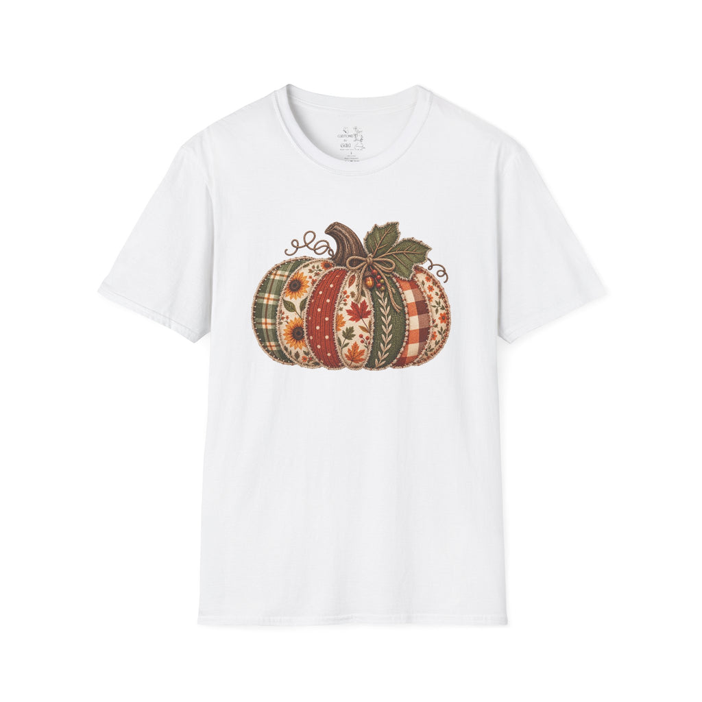 Fall Patchwork Pumpkin T-Shirt — Plaid & Floral Autumn Tee