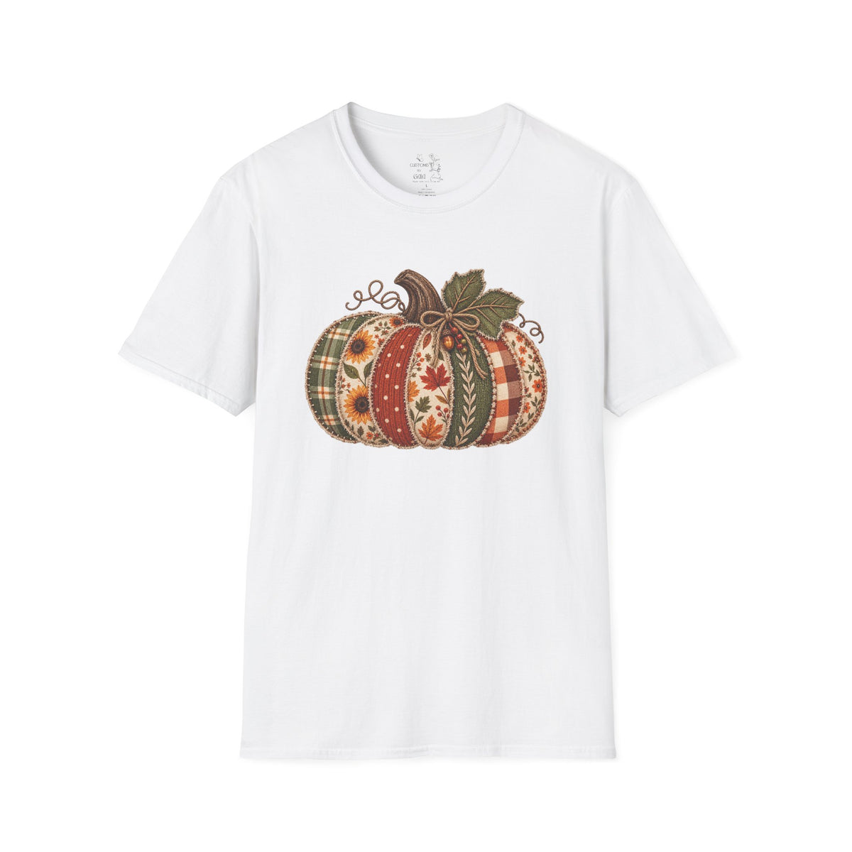 Fall Patchwork Pumpkin T-Shirt — Plaid & Floral Autumn Tee