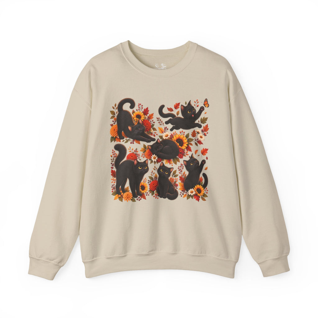 Autumn Black Cats Crewneck Sweatshirt — Fall Floral Halloween Cat Design