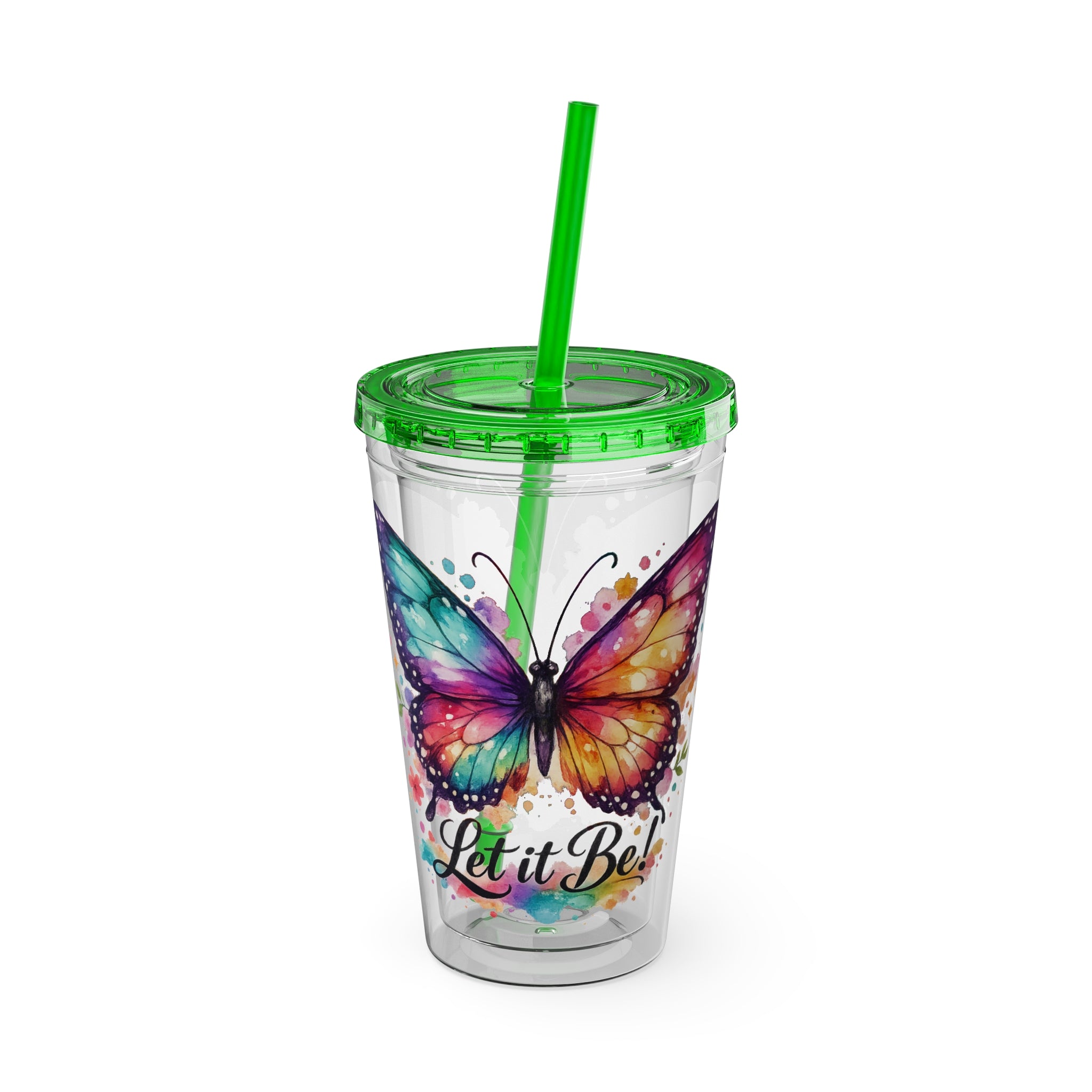 Butterfly 'Let It Be' 16oz Tumbler with Straw — Colorful Floral Summer Drink Cup