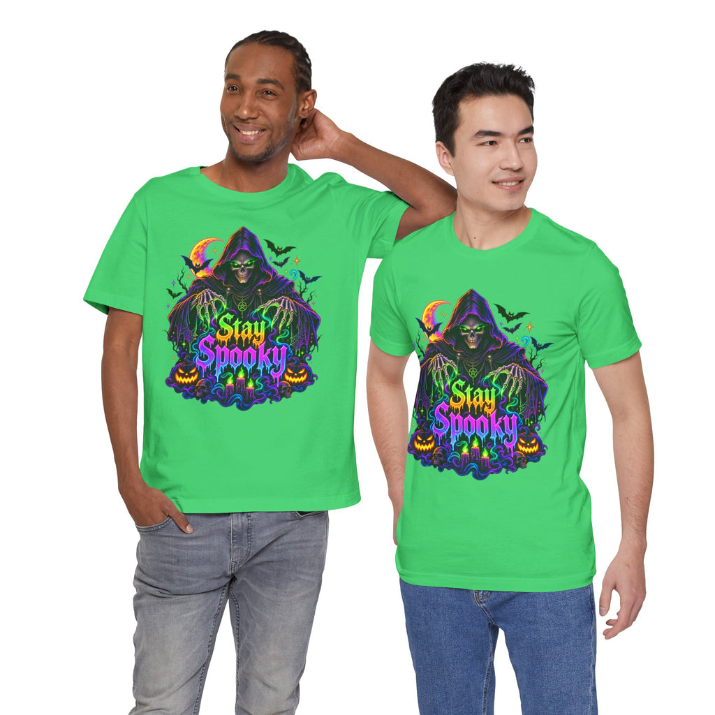 Stay Spooky Halloween Tee — Neon Grim Reaper & Haunted Castle Graphic T-Shirt