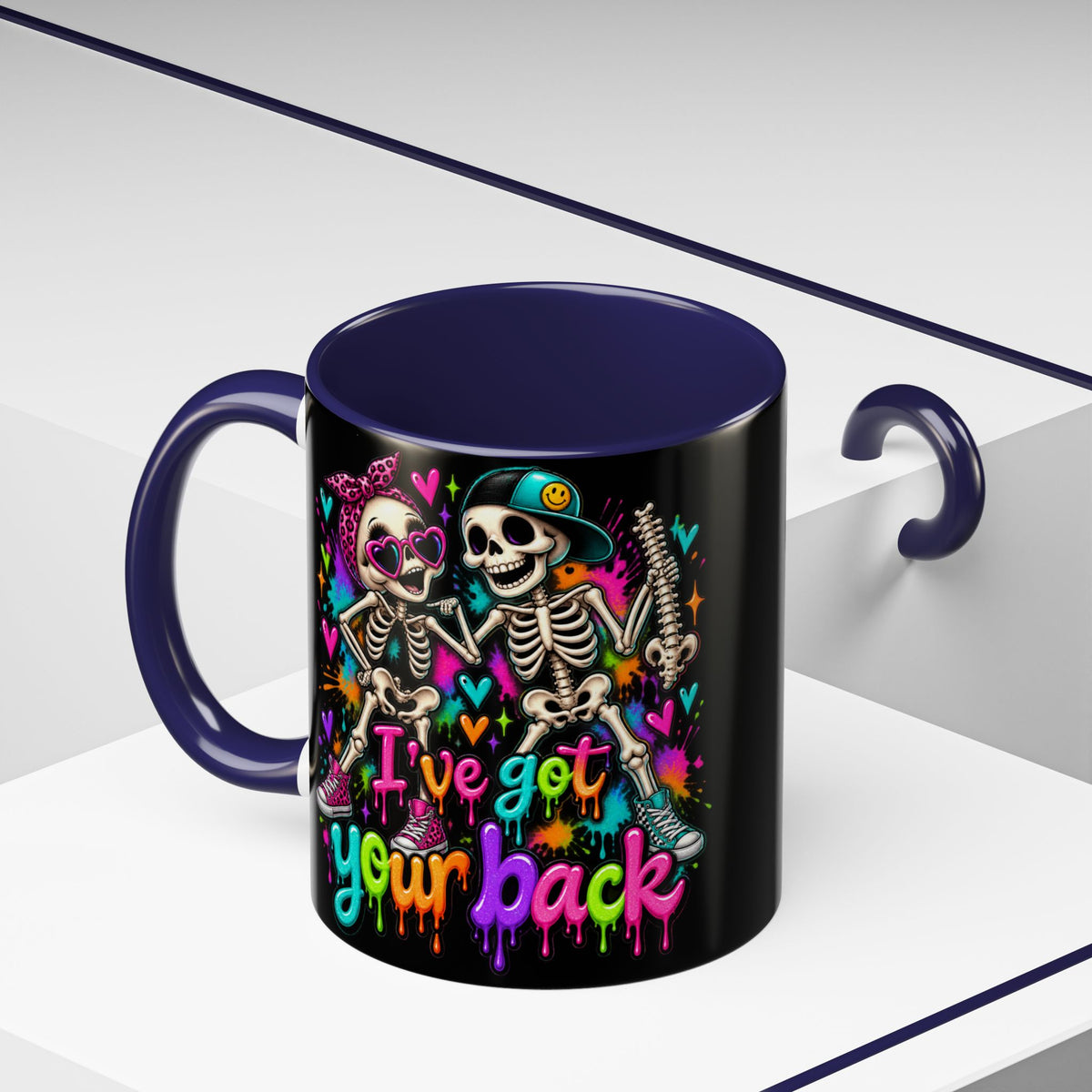 "I’ve Got Your Back" Skeleton Coffee Mug — Colorful Gothic Accent 11/15oz