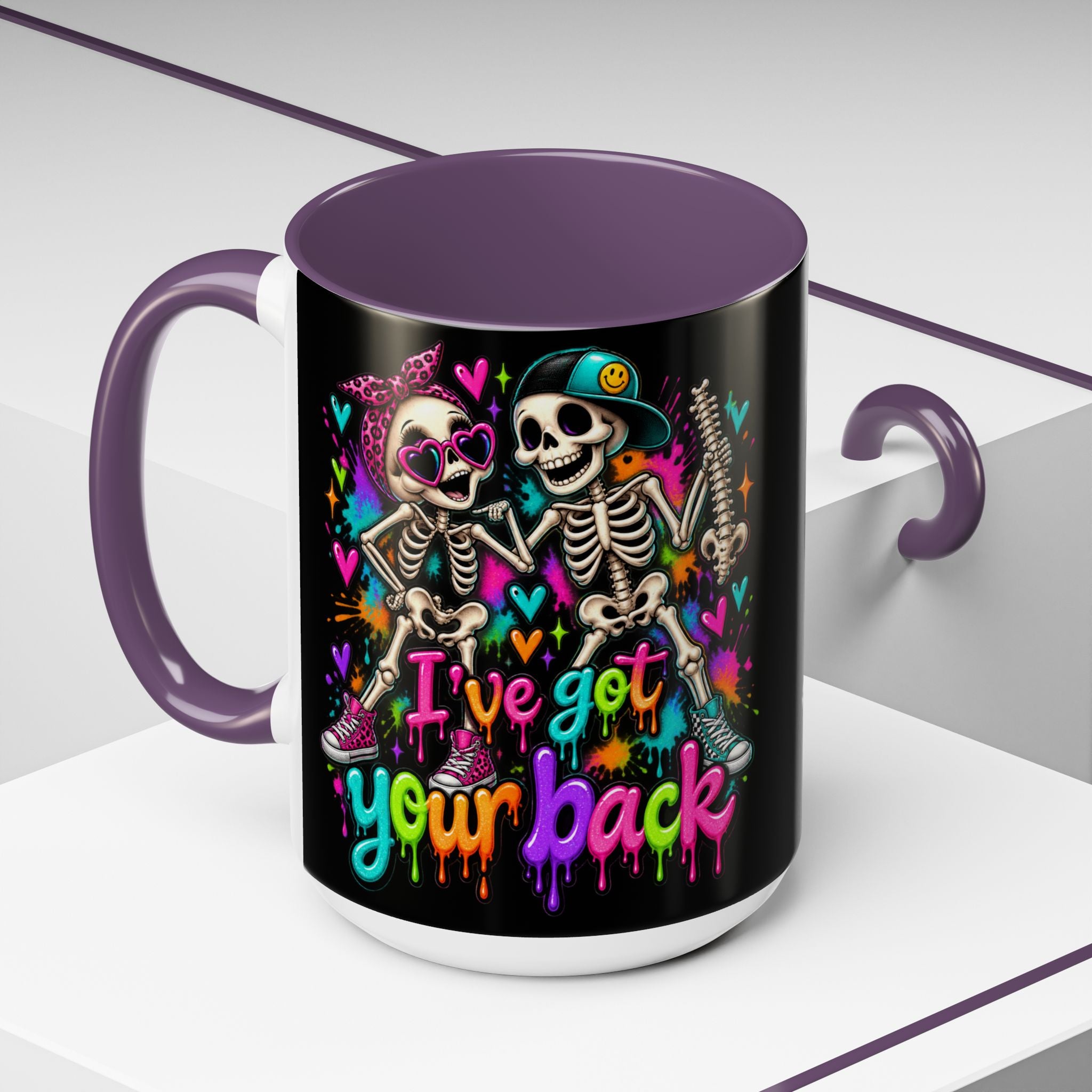 "I’ve Got Your Back" Skeleton Coffee Mug — Colorful Gothic Accent 11/15oz