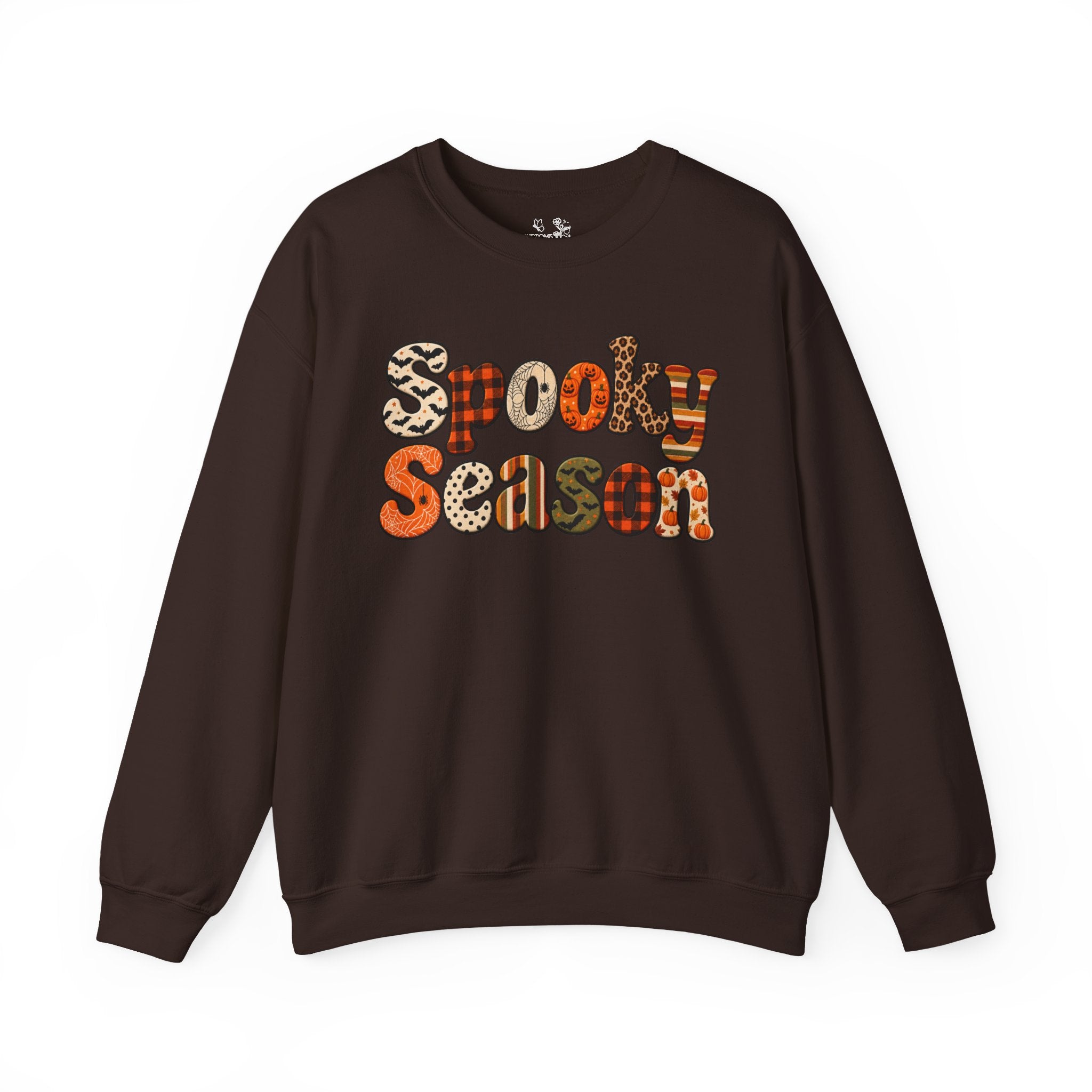 Spooky Season Sweatshirt — Retro Patterned Halloween Crewneck