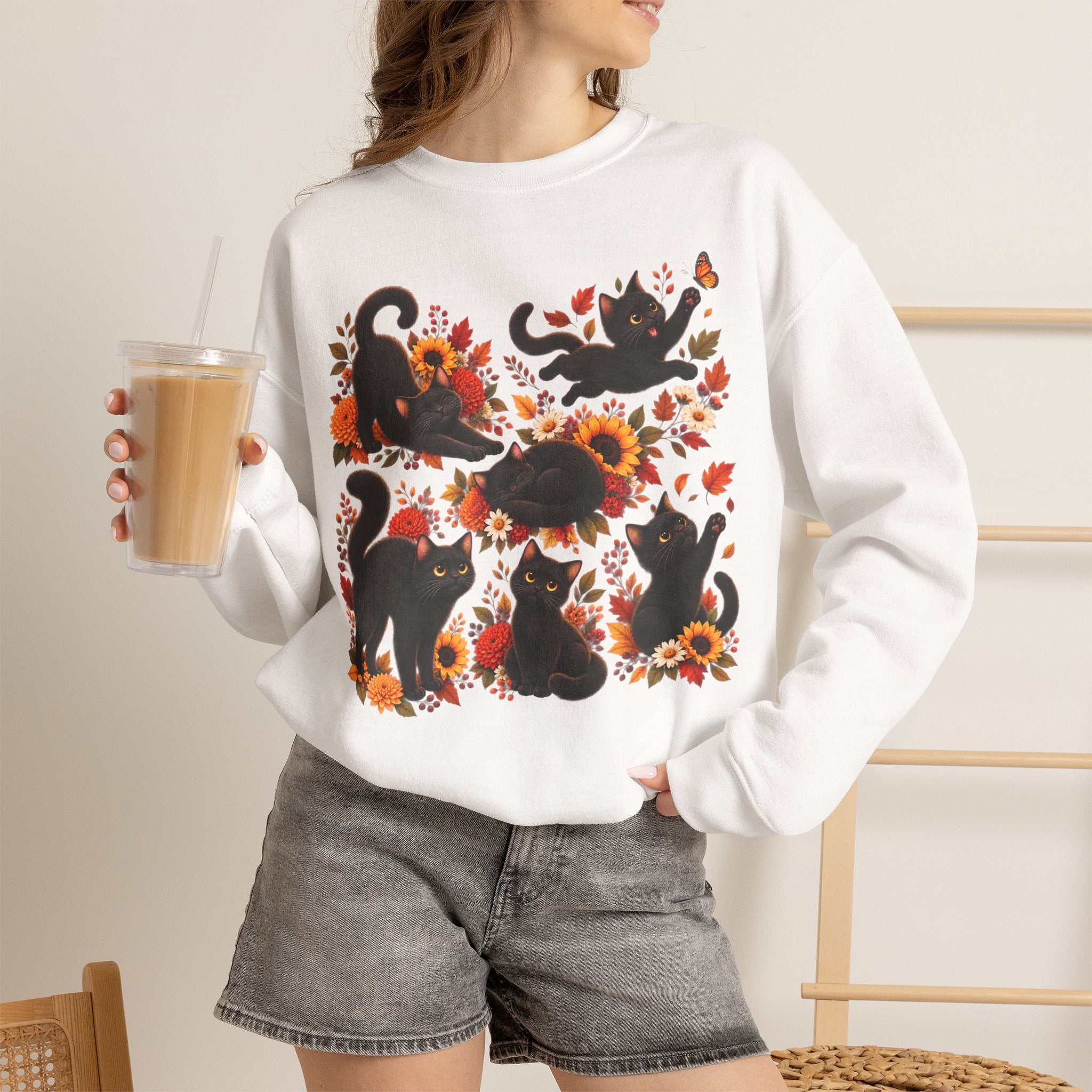 Autumn Black Cats Crewneck Sweatshirt — Fall Floral Halloween Cat Design