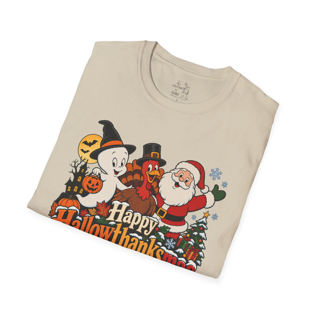 Halloween Thanksgiving Christmas Mashup Tee — "Happy HallowThanksMas This Year"