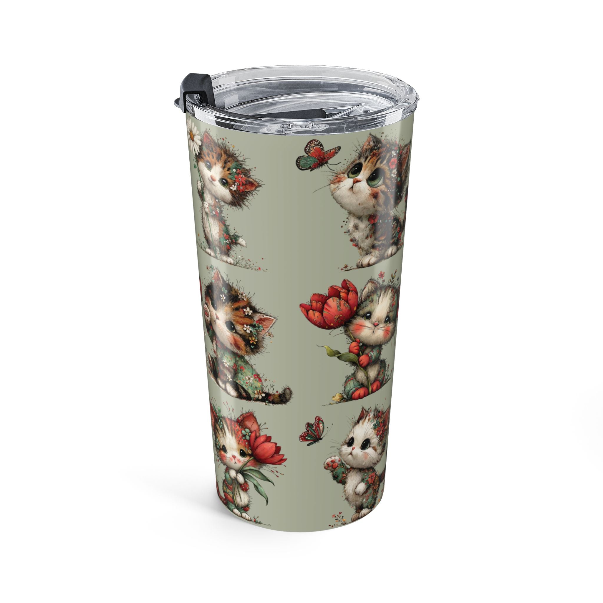 20oz Whimsical Cat Floral Tumbler — Cute Vintage Kittens Travel Cup