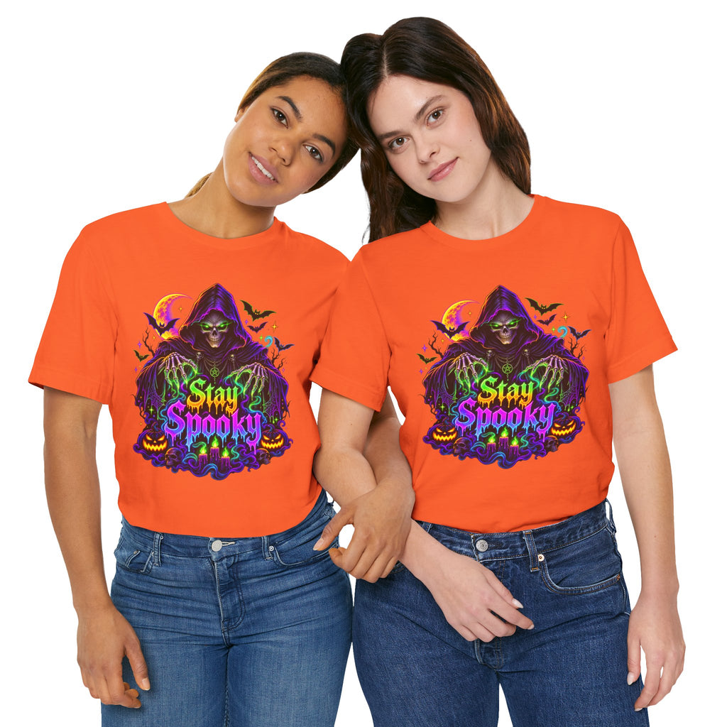 Stay Spooky Halloween Tee — Neon Grim Reaper & Haunted Castle Graphic T-Shirt