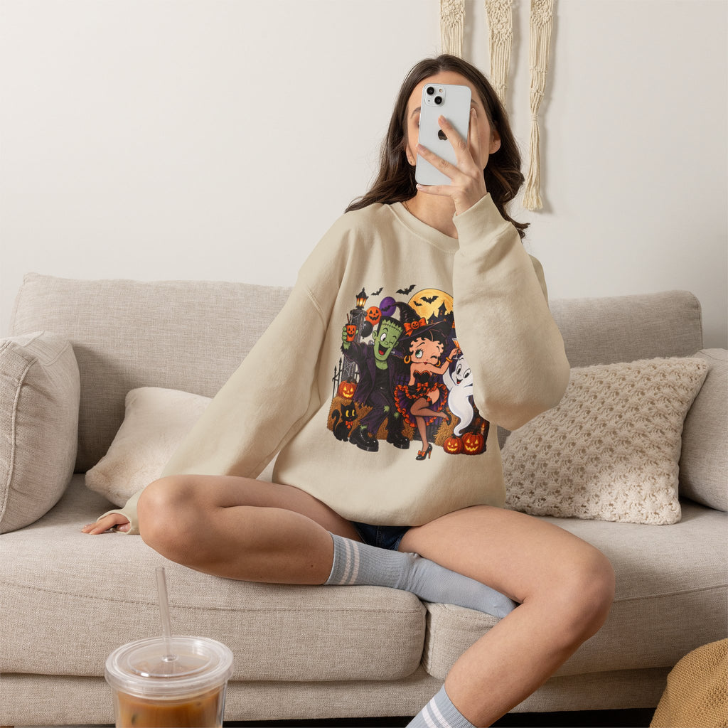 Halloween Betty Boop Crewneck Sweatshirt — Retro Spooky Cartoon Graphic