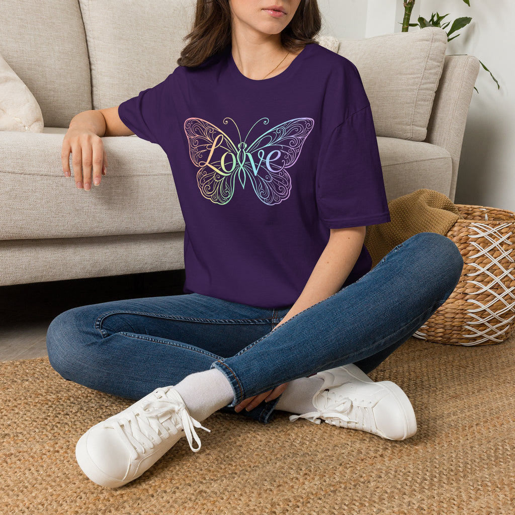 Butterfly "Love" T-Shirt — Pastel Rainbow Filigree Design