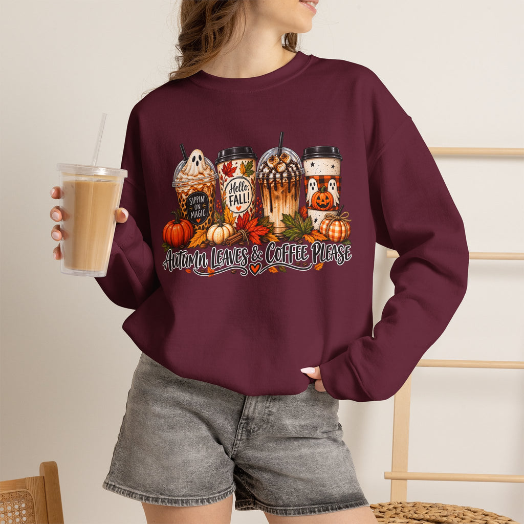 Autumn Leaves & Coffee Please Sweatshirt — Cozy Fall Coffee Crewneck