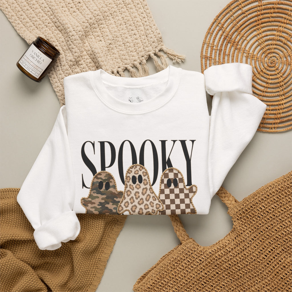 Spooky Season Ghosts Sweatshirt — Neutral Plaid & Camo Halloween Crewneck