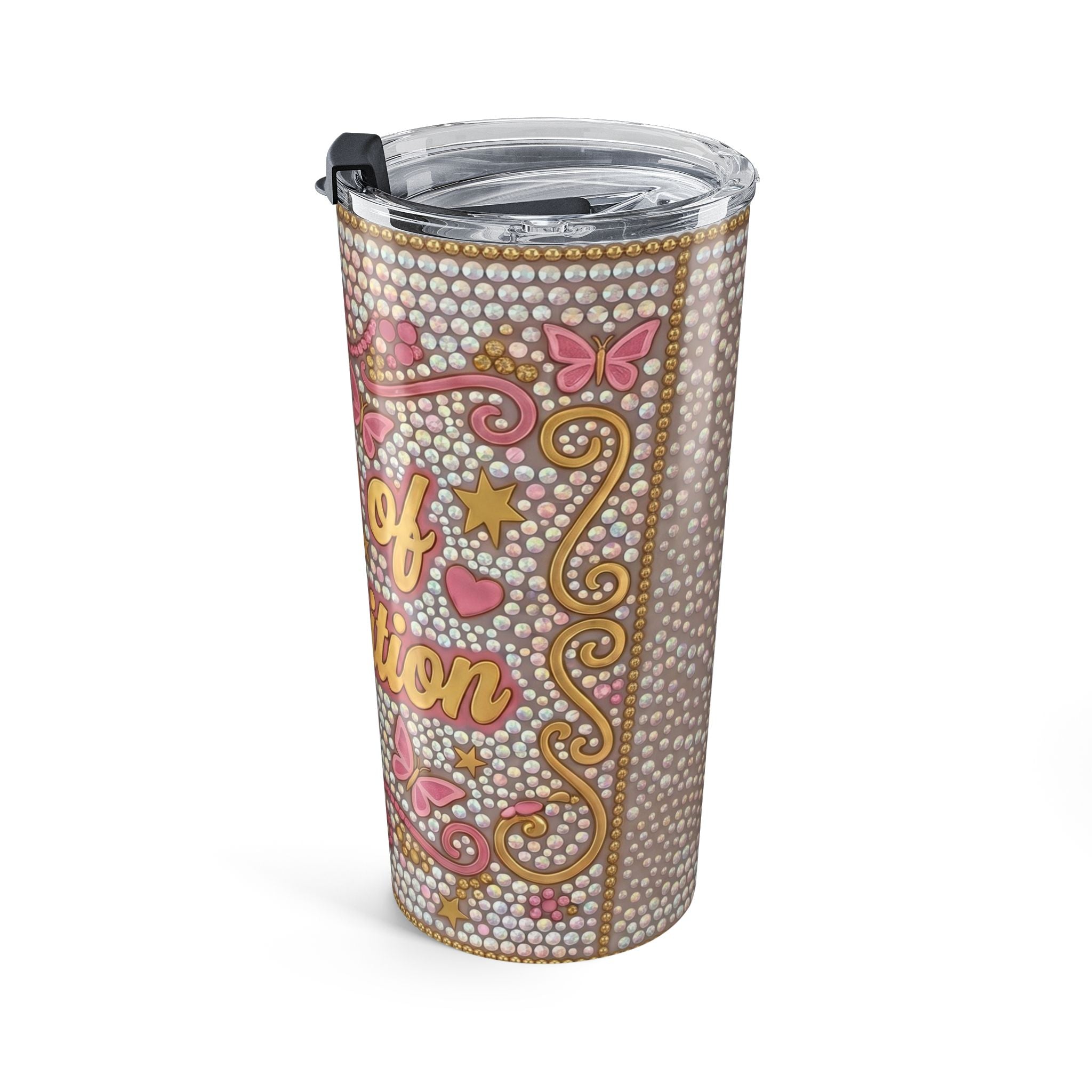 20oz Tumbler - "Cup of Ambition" Inspirational Travel Mug, Pink Rhinestone Motivational Drinkware
