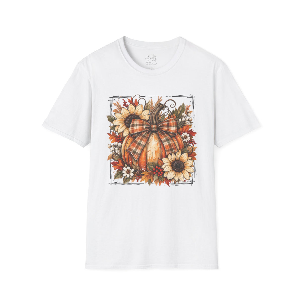 Pumpkin & Sunflower Fall T-Shirt — Plaid Pumpkin Autumn Graphic Tee