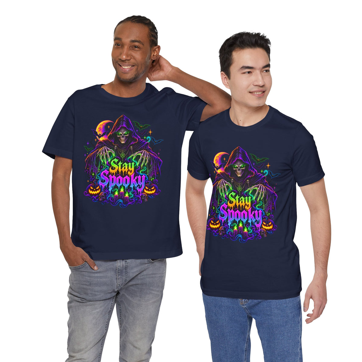Stay Spooky Halloween Tee — Neon Grim Reaper & Haunted Castle Graphic T-Shirt